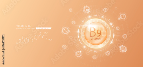 Synthetic natural vitamin B9 in hexagonal dome orange. Surrounded by fruit, vegetable, syringe, pills and IV bag icons. Chemical structure of Folic Acid. Medical scientific concepts. Vector.