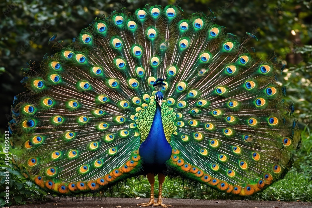Obraz premium Male peacock displaying iridescent blue and green plumage with fully fanned tail and eye-patterned feathers, standing proud and majestic in lush greenery