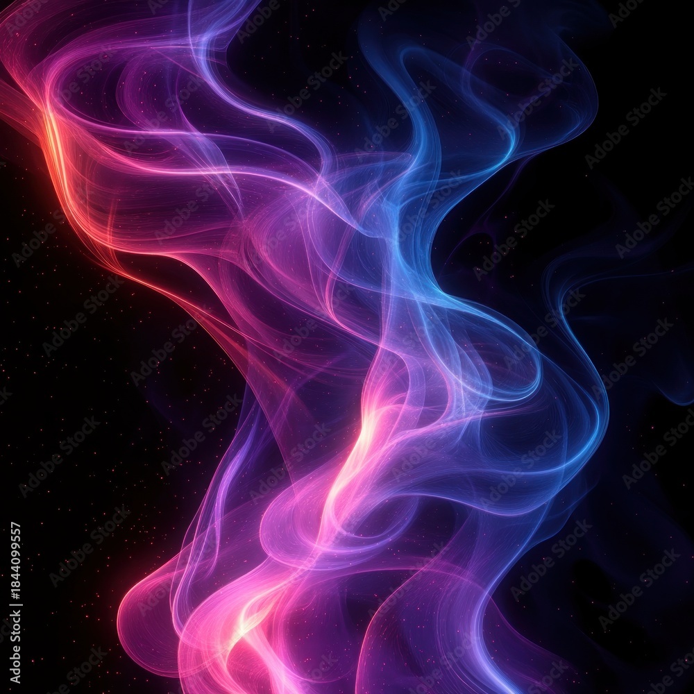 Obraz premium Ethereal neon smoke ribbons in pink, purple, and blue swirling like a cosmic nebula over a star-speckled black background, dreamy and graceful