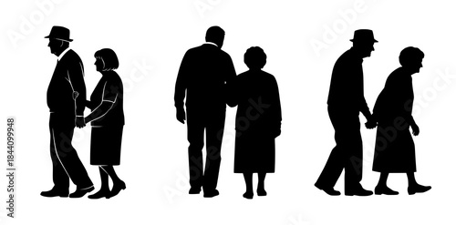 Silhouettes of Elderly Couples Walking Together