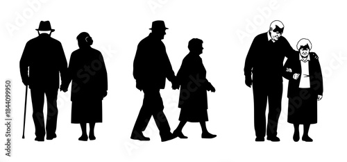 Senior Couples Walking Together Silhouettes