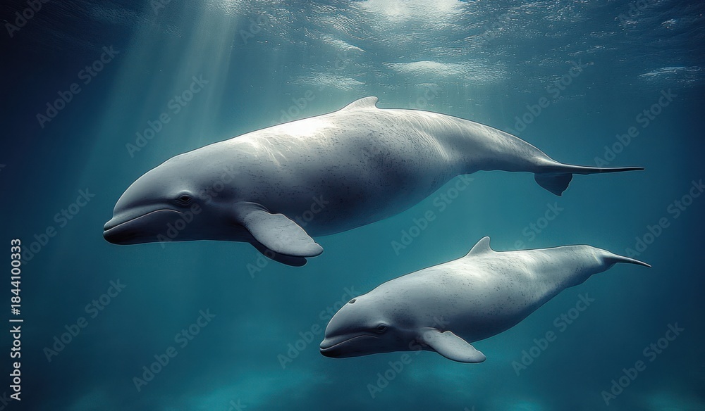 Fototapeta premium two pale whales swimming peacefully underwater beneath shafts of sunlight, calm and serene marine scene with gentle motion in deep blue water