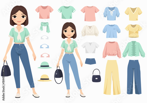 Fashion women shopping cartoon vector illustration of people buying clothes and shoes in a shop