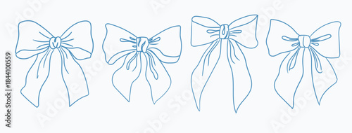 Line drawings showing four variations of tied bows in light blue on a plain white background