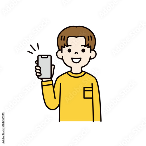 笑顔でスマートフォンの画面を見せる、10代・20代の男性の上半身ベクターイラスト素材＿カラー
