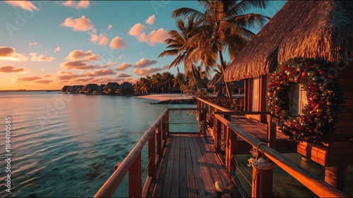 Tropical overwater bungalows overlooking the serene sea at sunset with a festive Christmas wreath adorning a wooden deck, creating a picturesque paradise atmosphere. Video made using Generative AI.