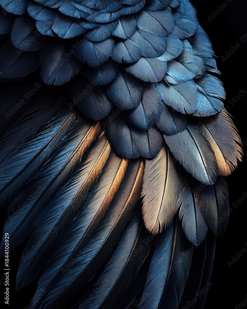 Obraz premium Close-up of overlapping blue and brown bird feathers showcasing soft texture and intricate details against a dark background