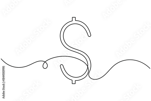 Dollar icon continuous one line drawing on white background minimalist financial sign symbol outline vector illustration