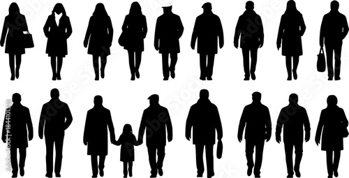 Silhouettes of different people standing and walking in warm outerwear (coats, raincoats, jackets). Male and female, couple characters back view vector monochrome illustrations, icons. Transparent EPS