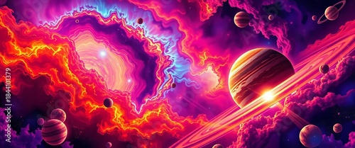 Vibrant, swirling nebulae, retro-styled planets, cosmic rays, comic book texture,  explosion,  captivating
