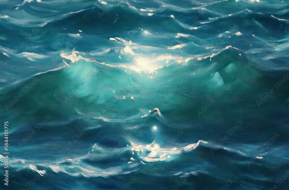 Fototapeta premium Sunlight reflecting on the surface of teal and deep blue ocean waves creating a serene and dynamic seascape