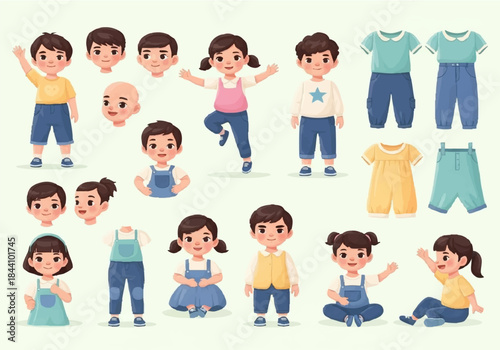 Vector illustration of a set of funny cartoon people and children featuring a smiling business woman, school boy, and doctor avatar characters in a fun family group