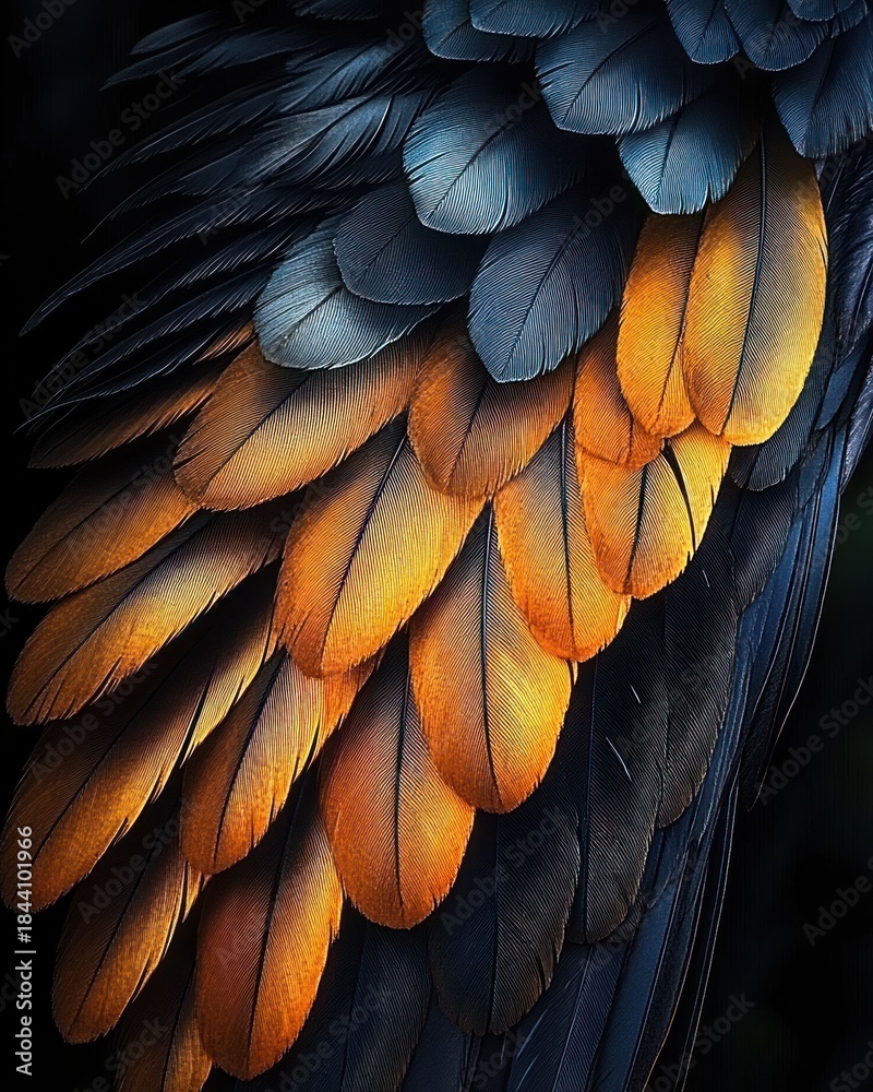 Obraz premium Close-up of vibrant bird feathers showing smooth texture and gradient colors from deep blue to bright orange with soft lighting