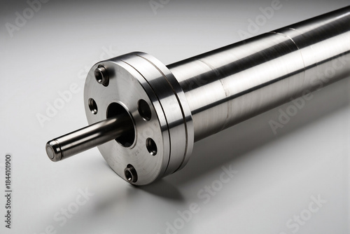 Close up of shiny industrial stainless steel hydraulic cylinder shaft or metal piston rod mechanism on grey background for engineering machinery concept
