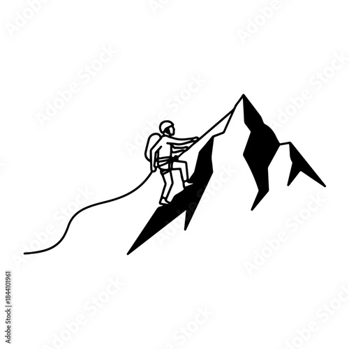 Isolated silhouette of a person rock climbing up a steep mountain peak with a safety rope, symbolizing challenge and achievement. isolated on transparent background