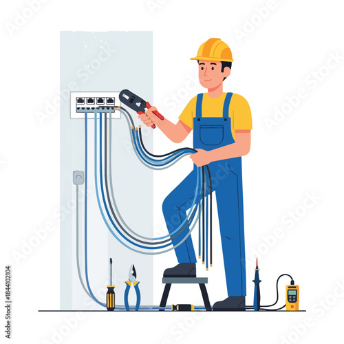 An electrician works on cables and wires near a box with a variety of tools