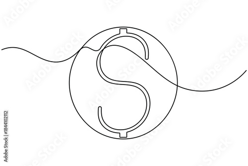 Dollar icon continuous one line drawing on white background minimalist financial sign symbol outline vector illustration