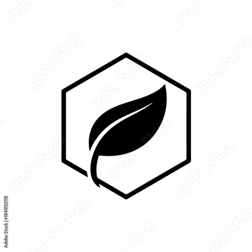 Minimalist black leaf icon within a bold hexagonal frame, symbolizing nature, ecology, organic products, and sustainability. isolated on transparent background