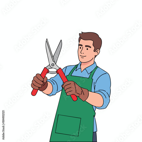 Illustration of a man holding open garden shears, wearing an apron, gloves