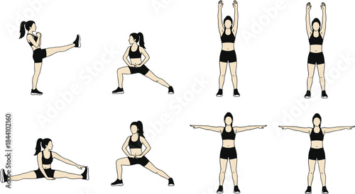 Collection of essential fitness exercises and stretching poses for women, including kick, lunge, and arm movements, representing a full-body warmup and strength workout routine.