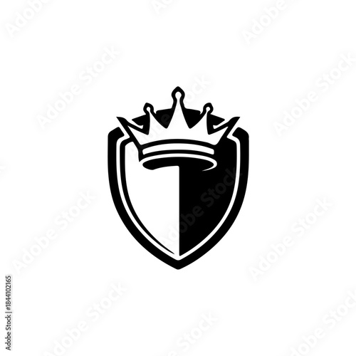 A royal crown sits on top of a vertically divided shield in a black and white graphic