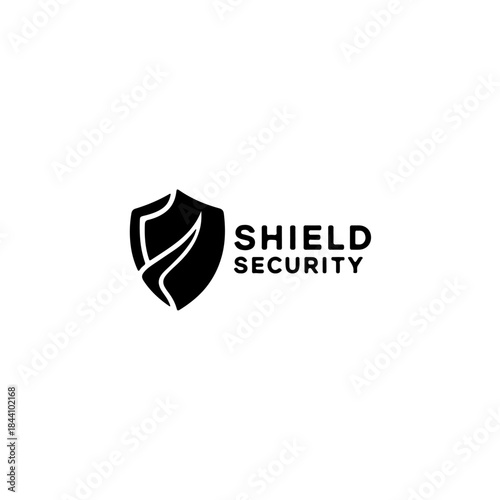 Modern minimal black shield security icon and text logo for data protection and cyber safety solutions, representing digital defense. isolated on transparent background