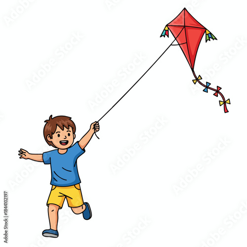 A cartoon child runs with a red kite against a white background