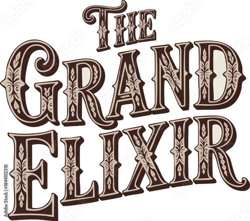 The Grand Elixir logo with ornate typography on a white background, featuring brown and gold decorative text.