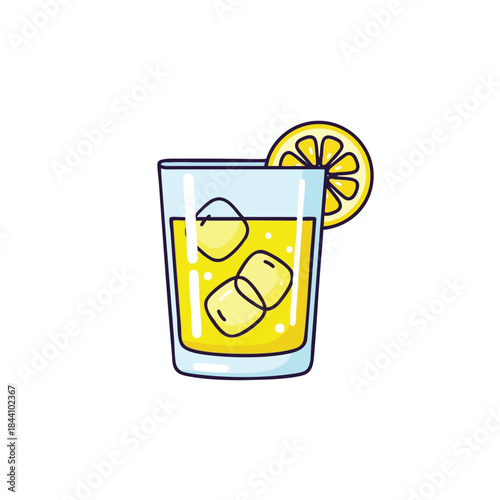 A cartoon illustration of a glass of lemonade, with ice and lemon slice