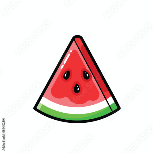 A cartoon wedge of watermelon with black outlines and three seeds