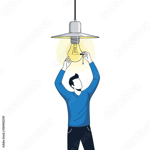 A faceless figure in blue reaching up, changing a lightbulb in a fixture