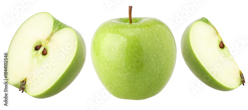 Foto green apple (granny smith apple), half and slice isolated, transparent PNG, PNG