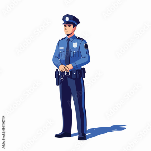 An illustrated police officer in uniform standing on a white background with shadow