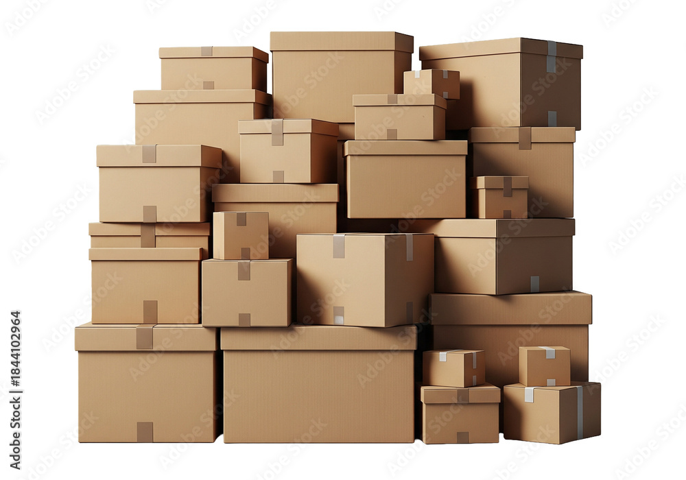 Fototapeta premium A large stack of various sized cardboard boxes on transparent background for moving or storage needs efficiently