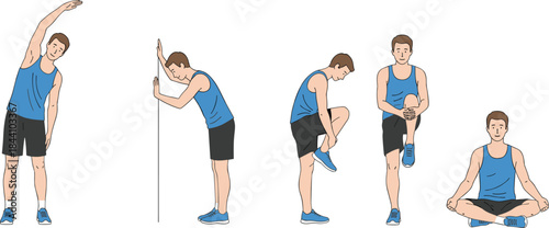 Diagram of a complete lower body and side stretch routine, featuring a man focused on improving his physical posture, reducing tension, and achieving mental relaxation.