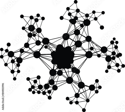 Complex network structure abstract representation of interconnected nodes and lines in a fractal pattern expanding outward showing growth and relationships isolated on white background