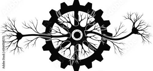 Abstract representation of neural network technology integration with mechanical engineering concepts and digital data flow isolated on white background