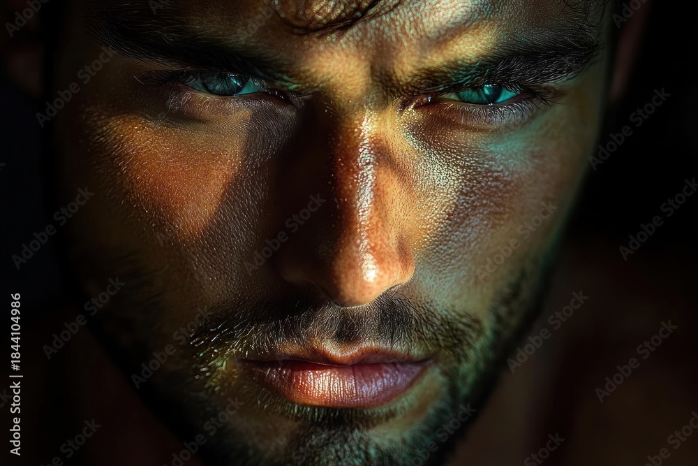 Fototapeta premium Close-up portrait of a man with intense blue eyes and rugged facial hair illuminated by dramatic warm-toned lighting highlighting textured skin and serious expression