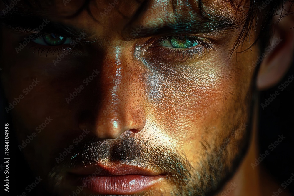 Fototapeta premium Close-up portrait of a serious man with intense green eyes, textured skin, and facial hair, illuminated dramatically showing raw emotion and strong gaze