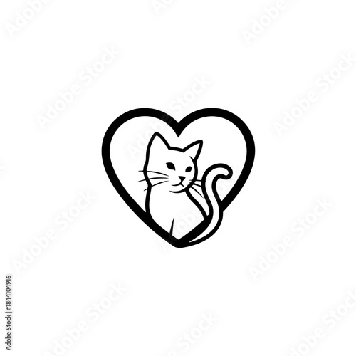 Line art icon of a cat's head inside a heart shape, symbolizing love for pets, animal care, and companionship isolated on transparent background