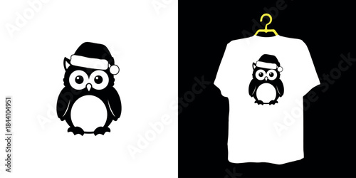 Black owl wearing Santa hat on white background and t-shirt