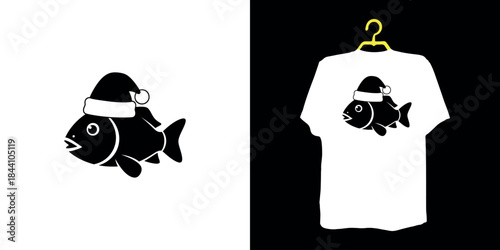 Black fish wearing Santa hat on white and black t shirt