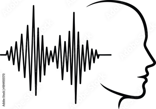 Sound wave visualization through human head silhouette symbolizing auditory perception and brain processing of audio signals isolated on white background