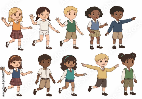 Happy cartoon boy and girl children group vector illustration set with hands on hips and smiles