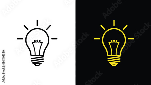 Minimal line art light bulb icon in black and yellow variations