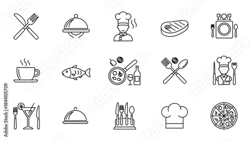 Fifteen black line icons representing restaurant and culinary services