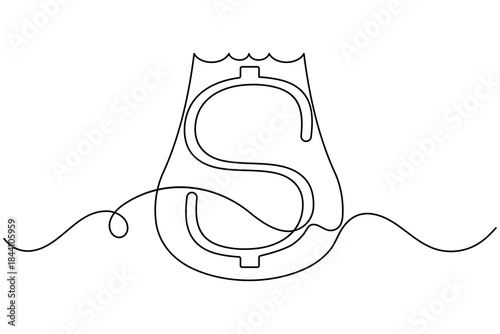 Dollar icon continuous one line drawing on white background minimalist financial sign symbol outline vector illustration
