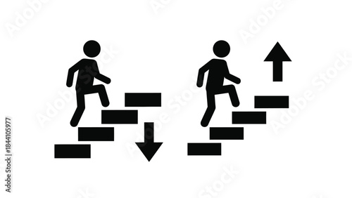 Stick figure icons showing progress up and down stairs with arrows