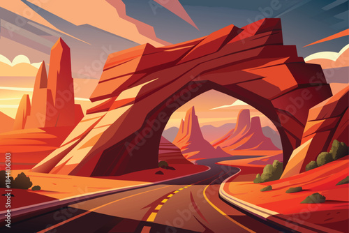 Experience the freedom of the open road with this stunning desert landscape illustration, perfect for travel blogs and adventure campaigns in the American Southwest