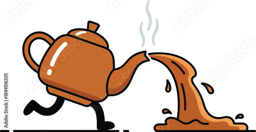 Whimsical cartoon teapot character spilling hot tea with steam on playful beverage fun isolated on white background